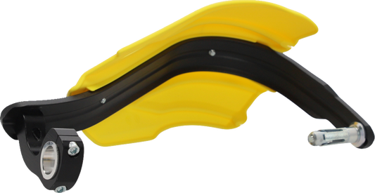 A pair of Acerbis Endurance X yellow and black motorcycle handguards mounted on handlebars, designed for off-road riding.