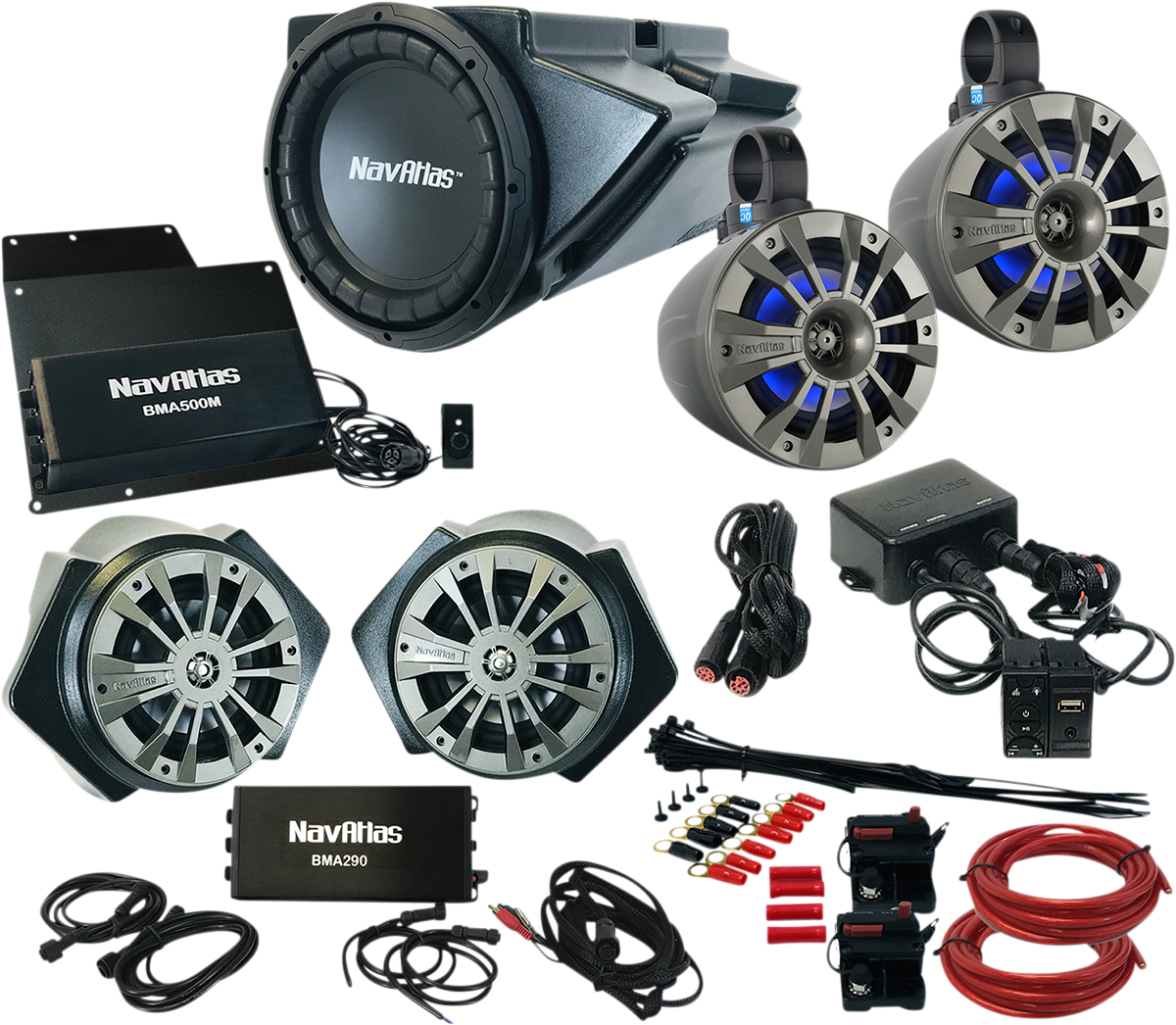 Bill's Exhausts NAVATLAS Zone 4 RZR RZR4 audio speakers installed in a vehicle, showing sleek black design and mounting details.
