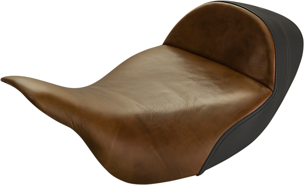 Bill's Exhausts SADDLEMEN Lariat Solo Seat for FL 2008-2023, distressed brown extended reach motorcycle seat with detailed stitching.