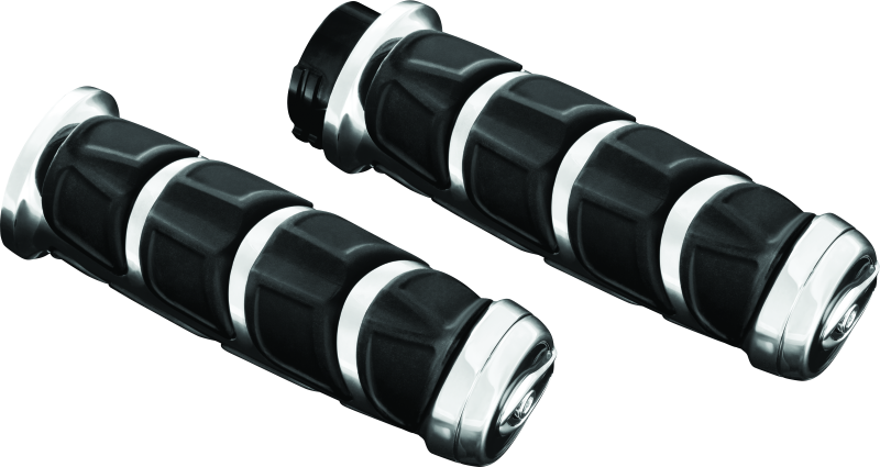 Kuryakyn Kinetic Grips for Kawasaki and Yamaha motorcycles, chrome finish, ergonomic design, mounted on motorcycle handlebars.