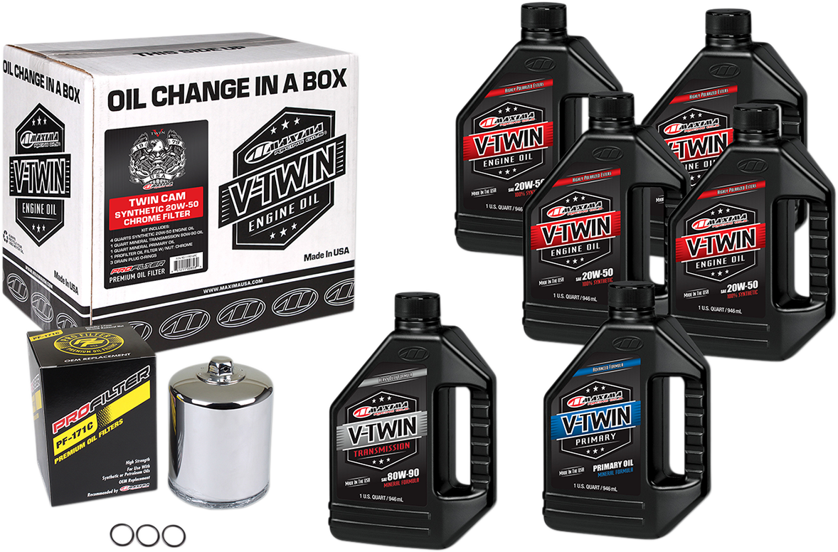 Maxima Racing Oil Twin Cam Synthetic 20W-50 oil change kit with chrome filter for motorcycle engine maintenance.