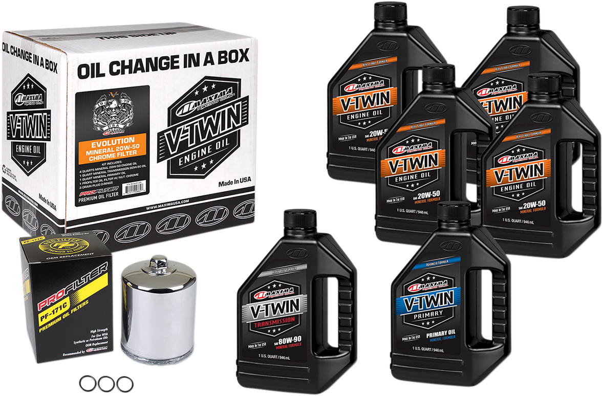 MAXIMA RACING OIL Evolution Mineral 20W-50 oil change kit with chrome filter, featuring oil bottle and filter visible in the image.