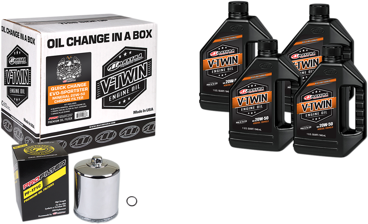 Maxima Racing Oil Evo/Sportster quick oil change kit with chrome filter for motorcycle maintenance, including oil and filter components.