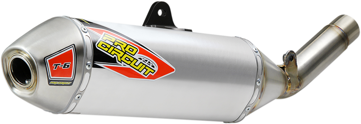 Pro Circuit T-6 muffler for dirt bikes and off-road vehicles, showing the stainless steel design and branding on the exhaust.