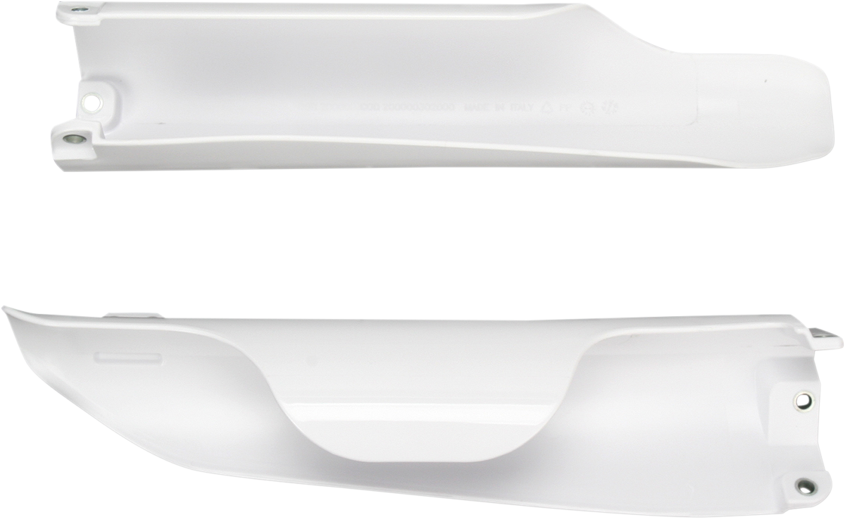 Acerbis white lower fork covers for motorcycle front suspension, with a smooth, glossy finish and branding details visible.