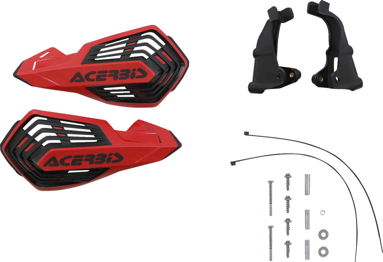 Acerbis K-Future handguards in red and black mounted on motorcycle handlebars, providing protection for rider's hands.