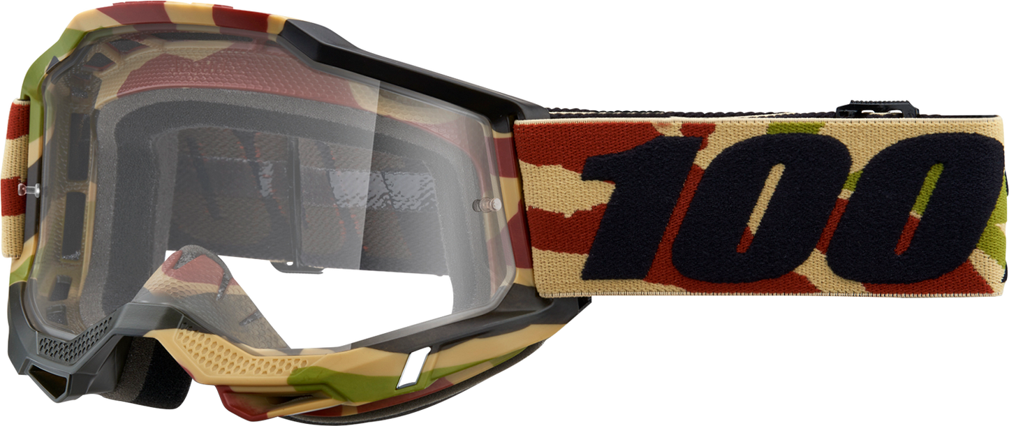 Bill's Exhausts 100% Accuri 2 Goggles Mission Clear with adjustable strap and impact-resistant lenses for motorcycle riding.