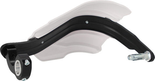 A pair of ACERBIS Endurance X white and black motorcycle handguards installed on handlebars, designed for durability and rider protection.