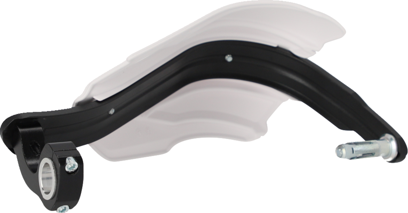 A pair of ACERBIS Endurance X white and black motorcycle handguards installed on handlebars, designed for durability and rider protection.