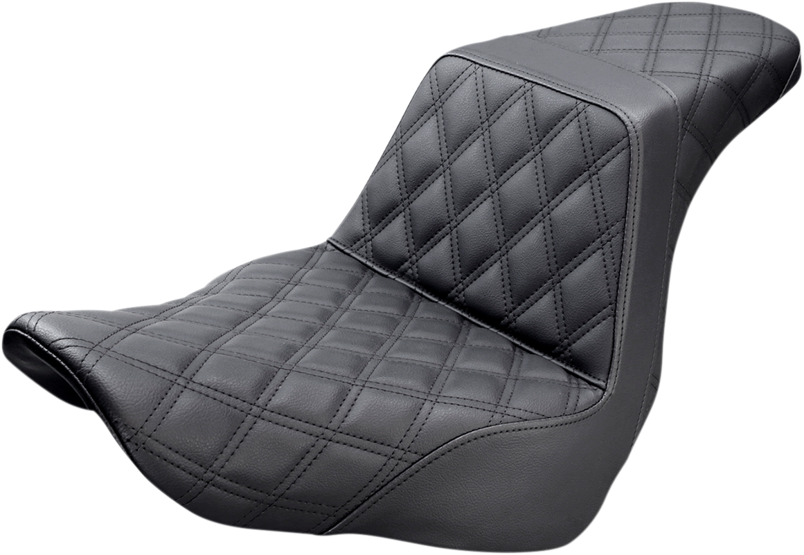 Black Saddlemens Step-Up Seat with full lattice stitch for motorcycles, featuring durable construction and stylish design.
