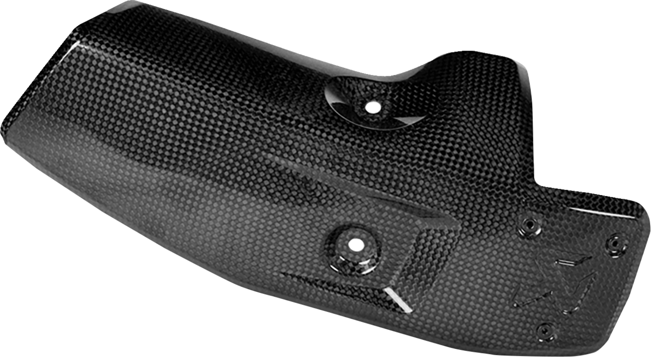 AKRAPOVIC carbon fiber heat shield for BMW R1300GS motorcycle, showing sleek black textured surface and mounting edges.