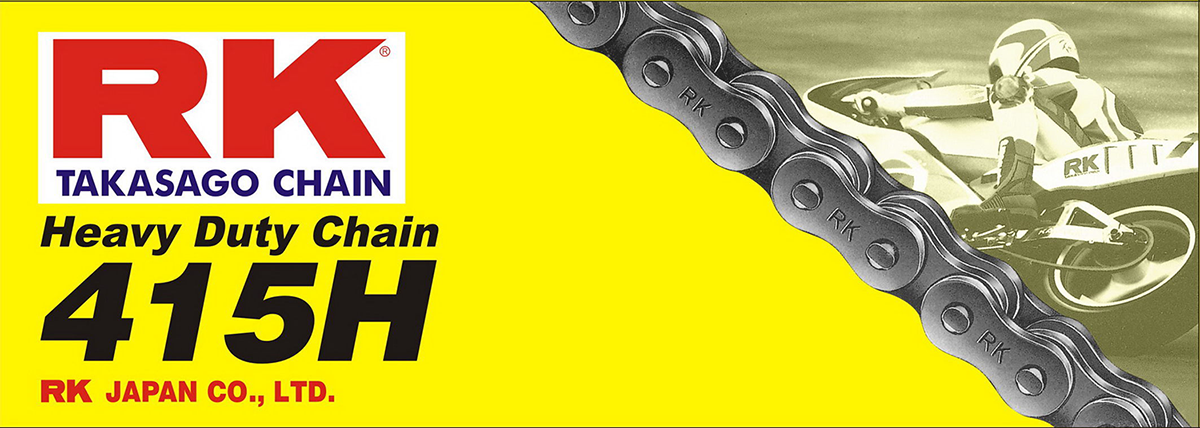 RK M415H heavy-duty motorcycle chain with 120 links, durable motorcycle chain model M415H-120, shown in the image.