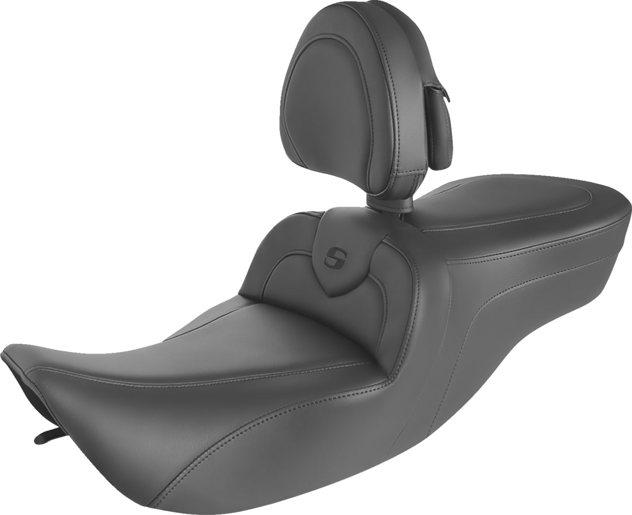 Bill's Exhausts SADDLEMEN RoadSofa seat with backrest, black with black stitching, designed for motorcycle comfort and style.