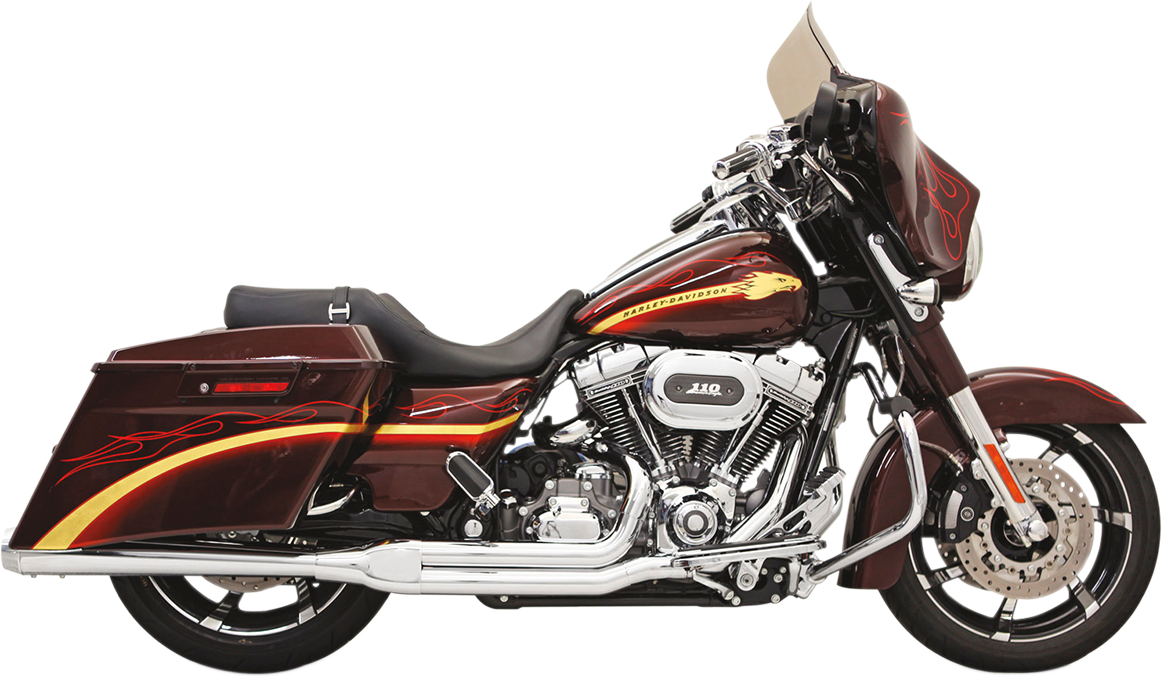 Chrome BASSANI XHAUST Road Rage 2:1 exhaust system installed on Harley FLH motorcycle, showcasing polished chrome finish and chrome details.