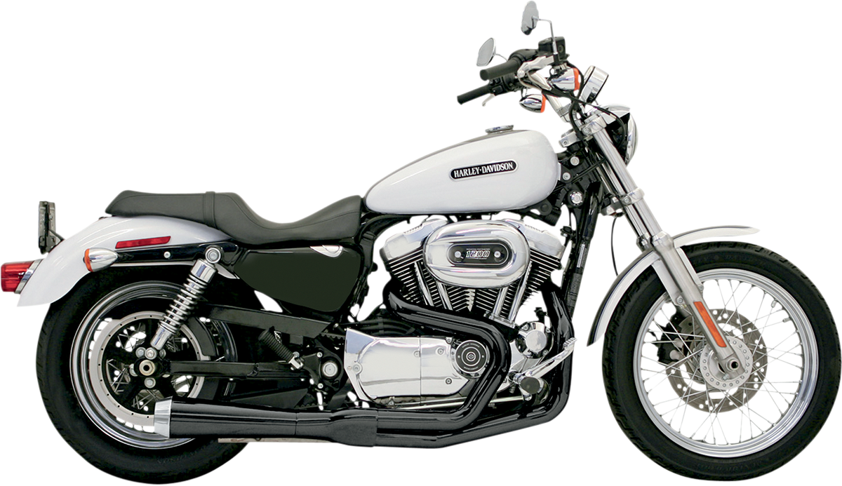 BASSANI XHAUST Road Rage exhaust for Harley-Davidson XL motorcycle, showing the chrome finish and branding on the muffler.