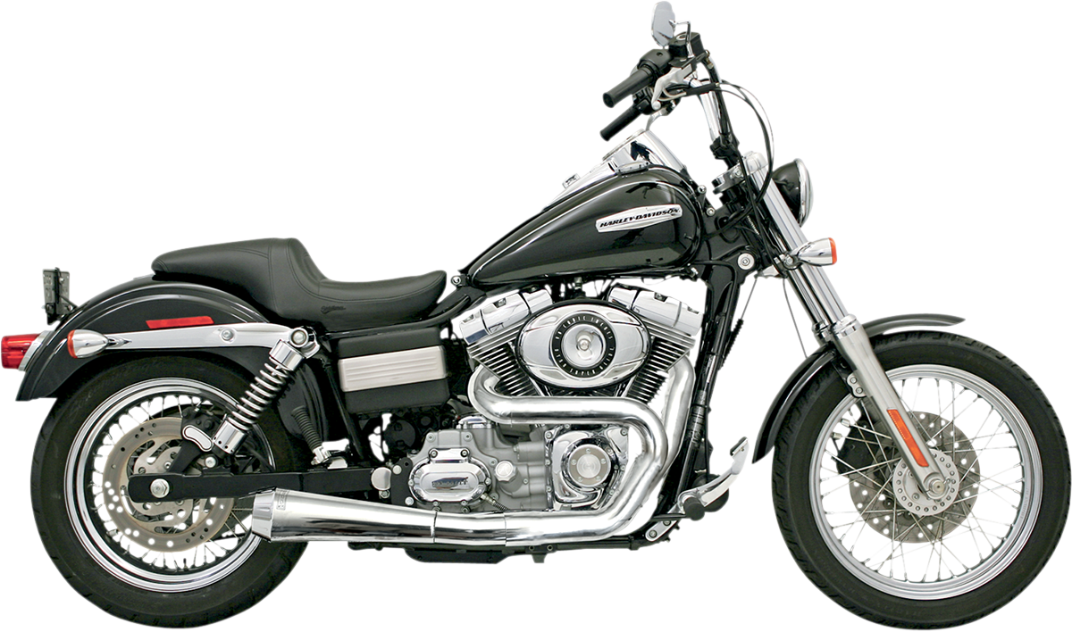 BASSANI XHAUST Road Rage 2:1 chrome motorcycle exhaust for FXD with polished chrome finish and intricate design details.