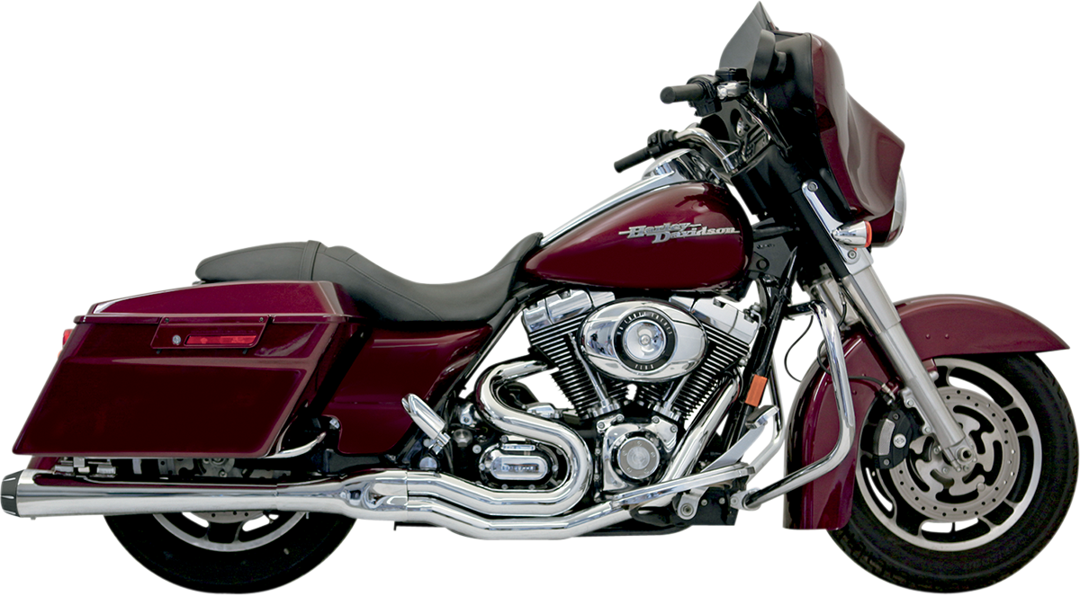 Chrome Bassani Xhaust B4 2:1 exhaust system for Harley FLH motorcycle, showing polished pipes and mounting details.