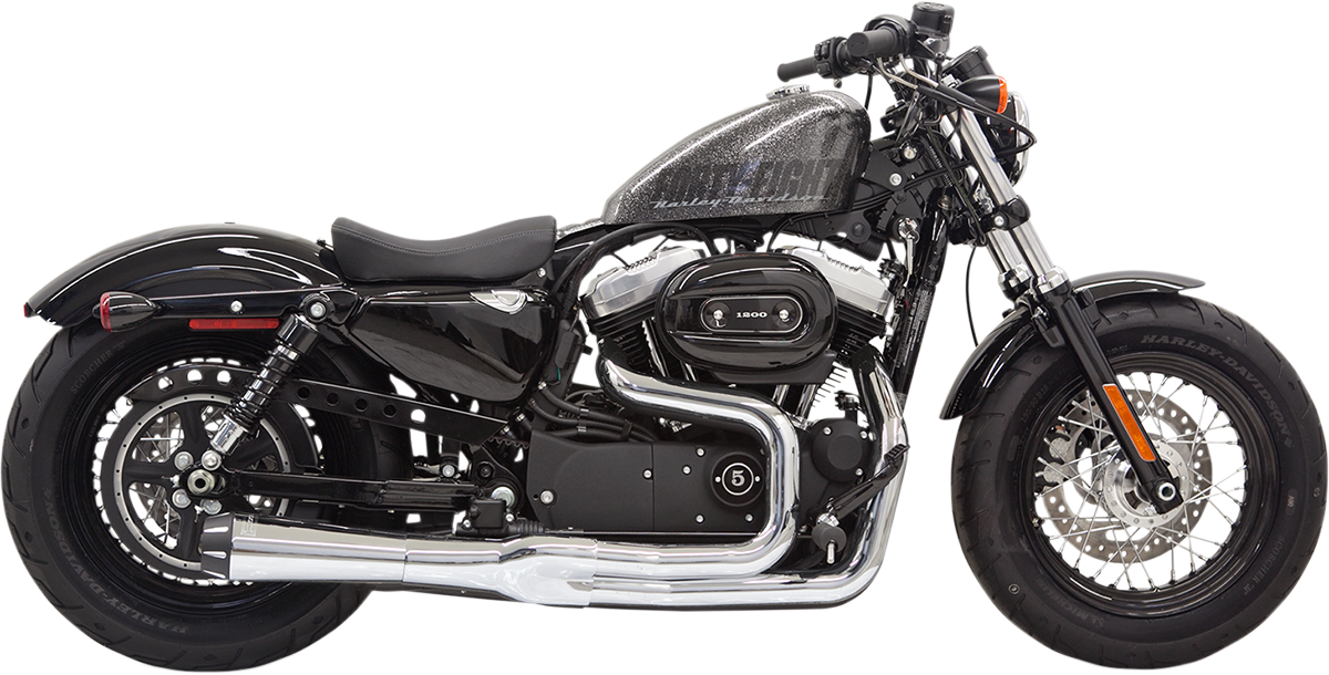 Chrome BASSANI XHAUST Mega Power Exhaust for 2014-2021 Harley-Davidson XL with short design and mid/forward controls.