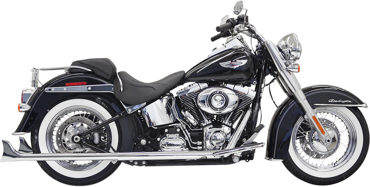 BASSANI XHAUST True Duals exhaust system with fishtail mufflers installed on Softail motorcycle, showcasing the chrome finish and dual pipes.
