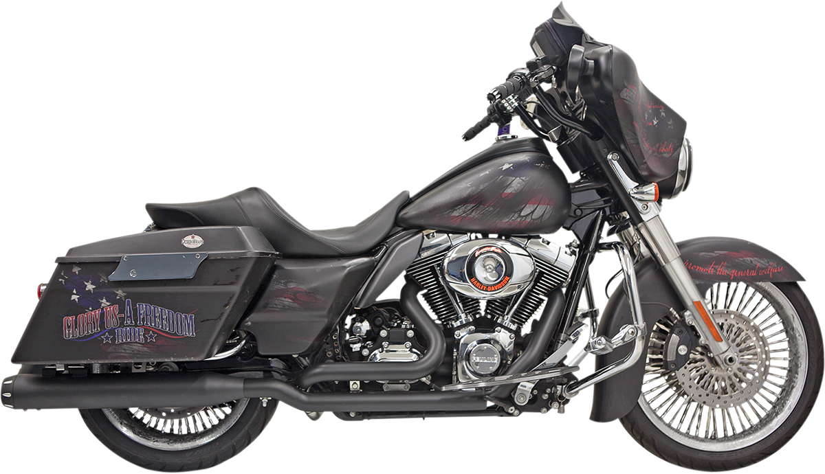 Black Bassani Xhaust Down Under motorcycle exhaust with straight-can design, model 1F76RB, featuring sleek and durable construction.