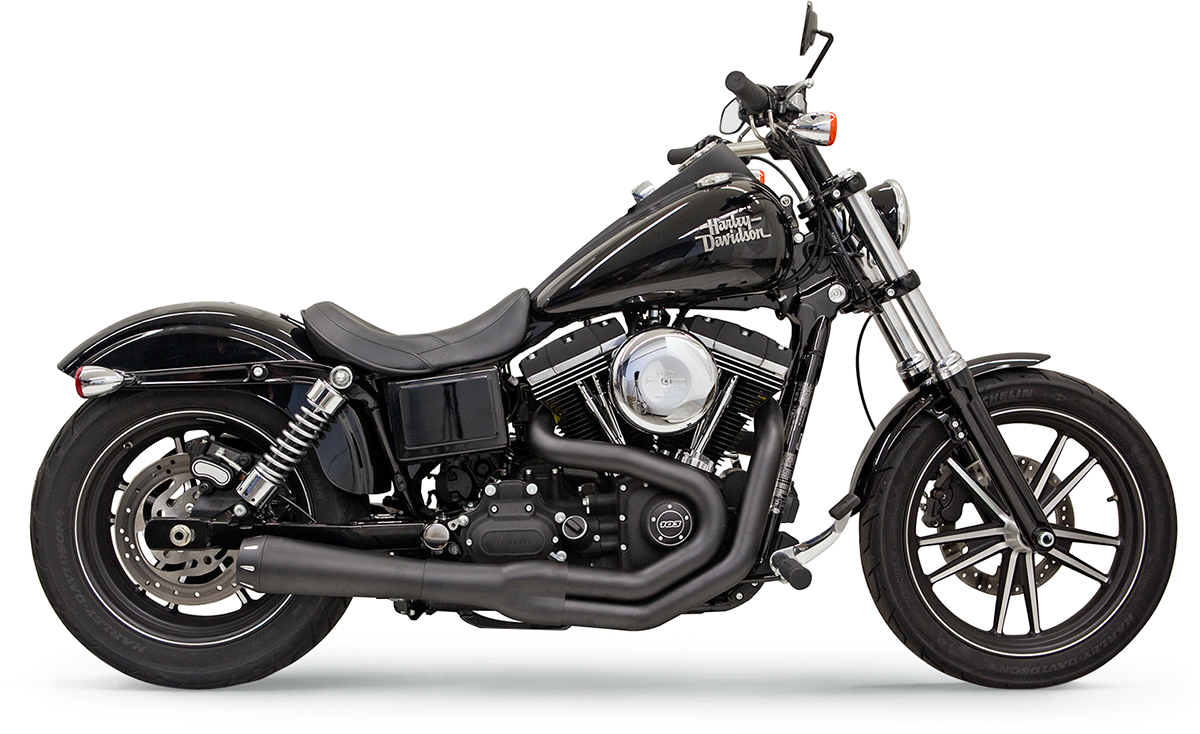 Black BASSANI XHAUST Mega Power exhaust for FXD/FXDWG motorcycles with mid/forward controls, part number 1D32RB.