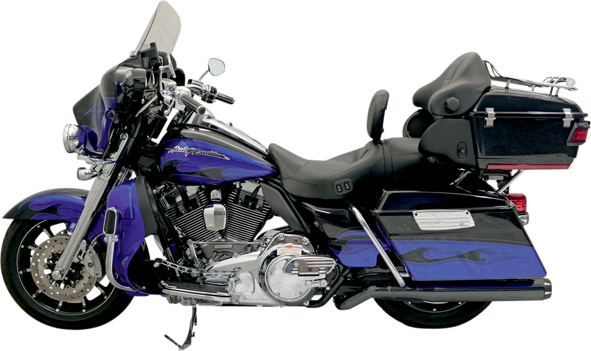 Black Bassani Xhaust B1 Pseudo Muffler for FL motorcycles, 2009-2016, part number 1F59RB, mounted on a Harley Davidson.