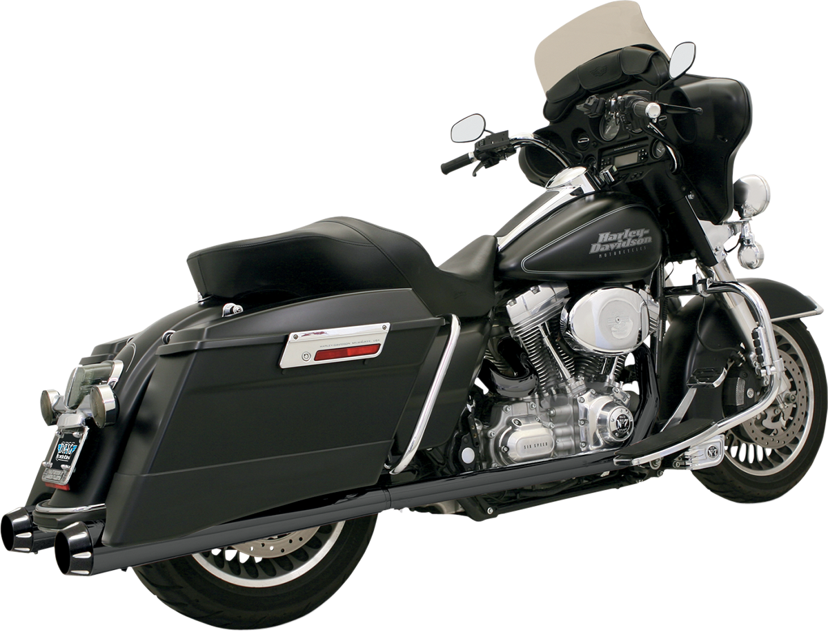 Black fluted BASSANI XHAUST Megaphone Mufflers FLH-517LRB with performance baffle for Harley Davidson FLH motorcycles.