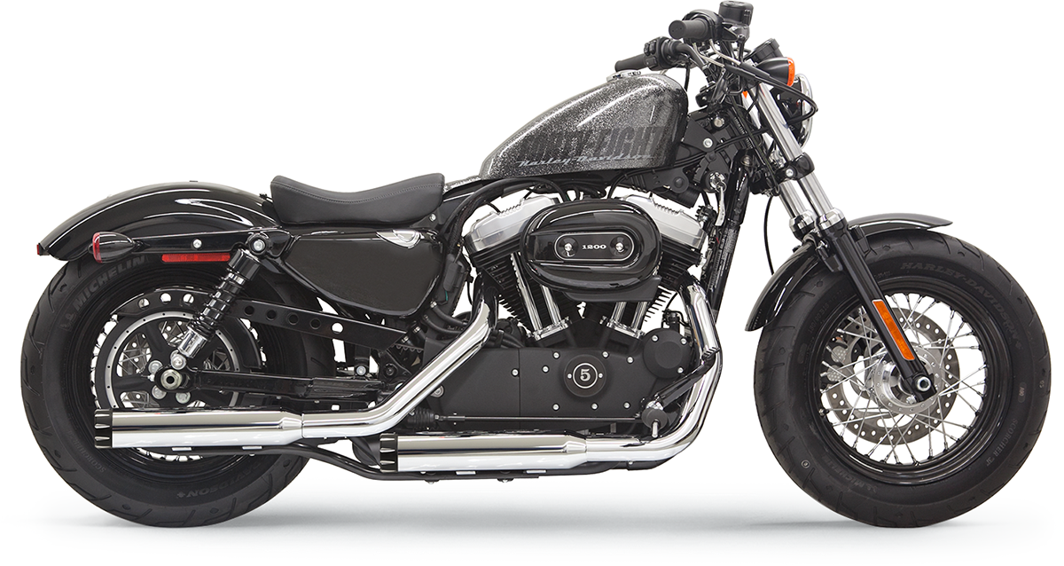 BASSANI XHAUST Firepower Series slip-on mufflers for Harley Sportster in chrome and black fluted design, showcasing sleek exhaust tips.