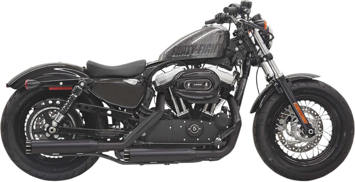BASSANI XHAUST Firepower Series slip-on mufflers for Harley Sportster 1X27TB motorcycle, showcasing shiny chrome finish and sleek design