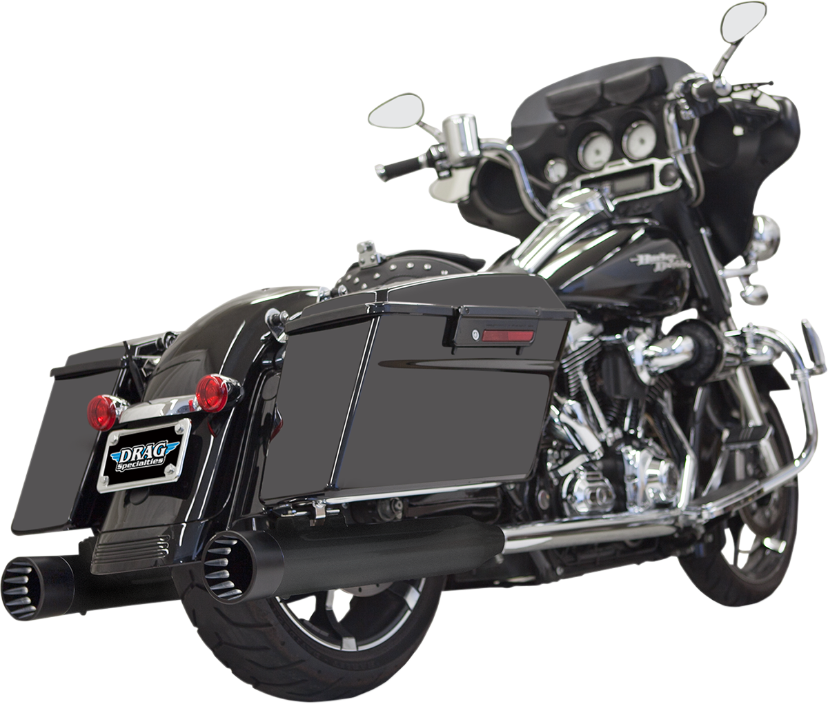 Black Bassani Xhaust DNT Straight Can mufflers for 1995-2016 Harley FL models, shown from the side with polished tips
