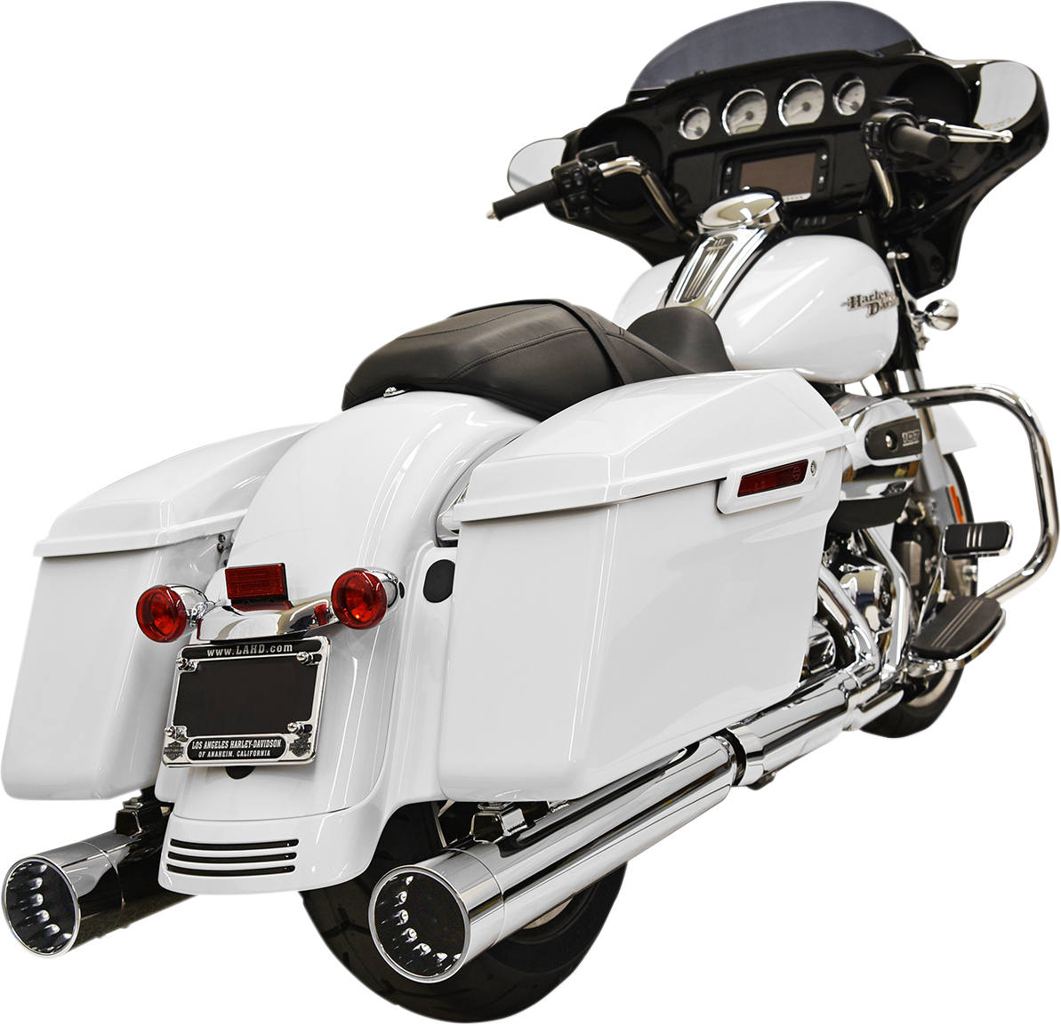 Chrome BASSANI XHAUST DNT Straight Can Mufflers for Harley FL motorcycle, featuring sleek, polished metal design.