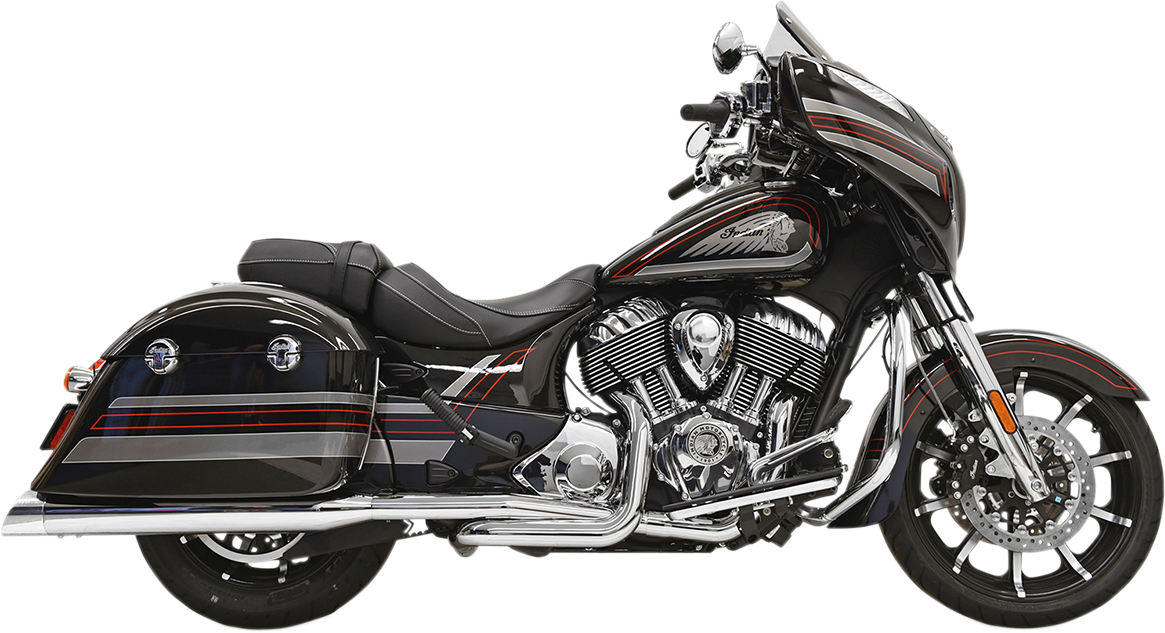 BASSANI XHAUST true dual exhaust system with chrome finish, featuring polished pipes and dual mufflers for motorcycle or car.