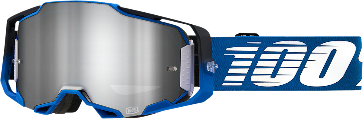 Bill's Exhausts 100% Armega Rockchuck goggles in Flash Silver with tinted lenses and adjustable strap, designed for motorcycling.