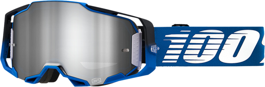 Bill's Exhausts 100% Armega Rockchuck goggles in Flash Silver with tinted lenses and adjustable strap, designed for motorcycling.