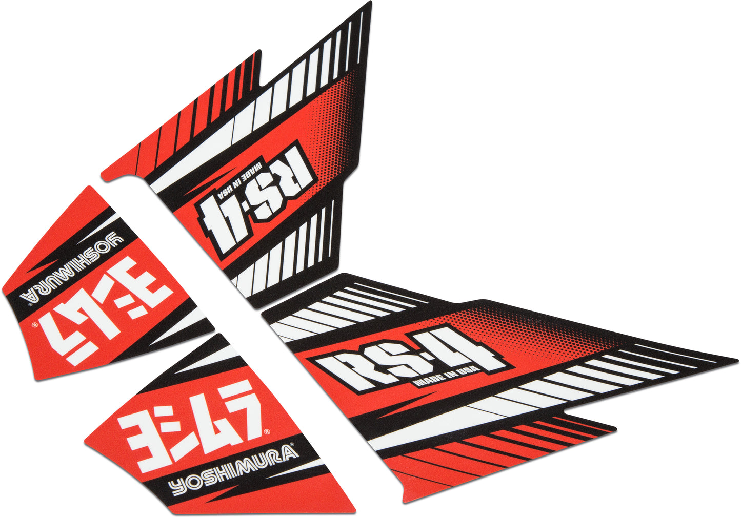 YOSHIMURA RS4-NB005 muffler decal set with four black and white stickers for motorcycle exhaust customization.