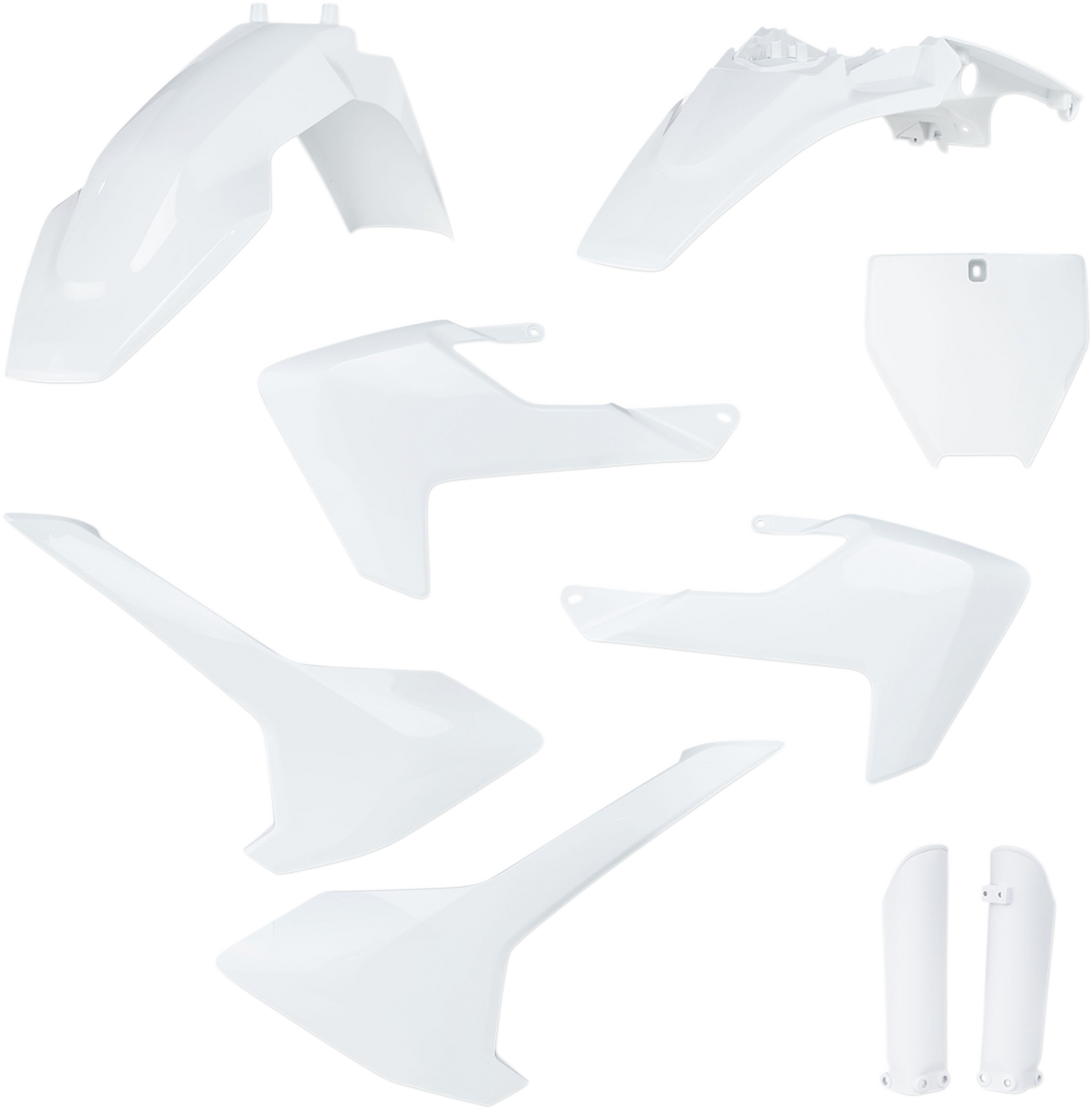 A white ACERBIS full replacement body kit for motorcycles, showcasing sleek, aerodynamic body panels and design details.