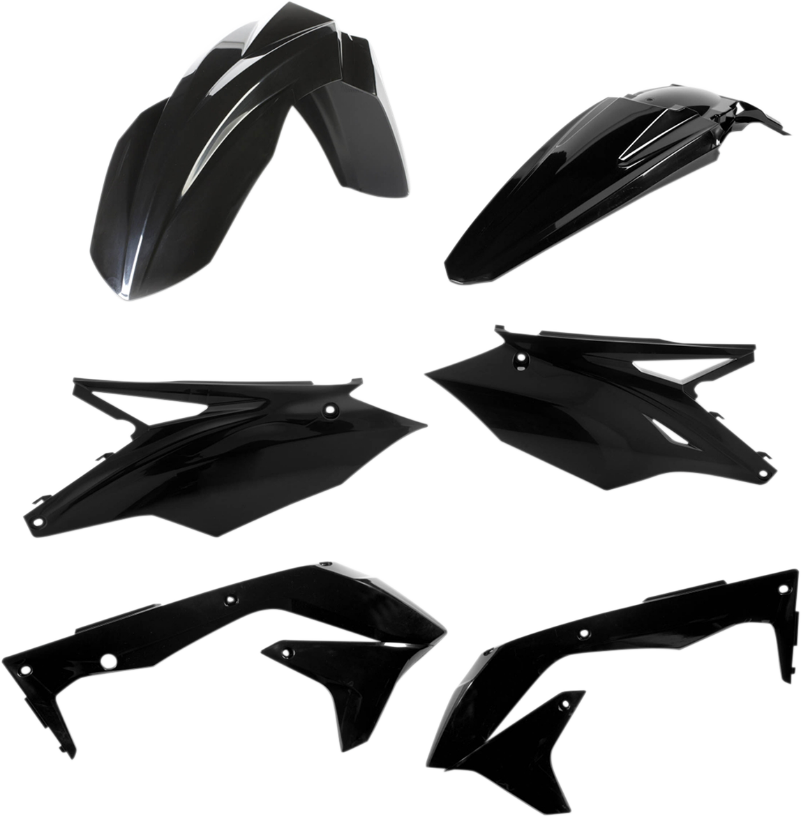 A black Acerbis standard replacement body kit for motorcycles, designed for durability and a sleek appearance.