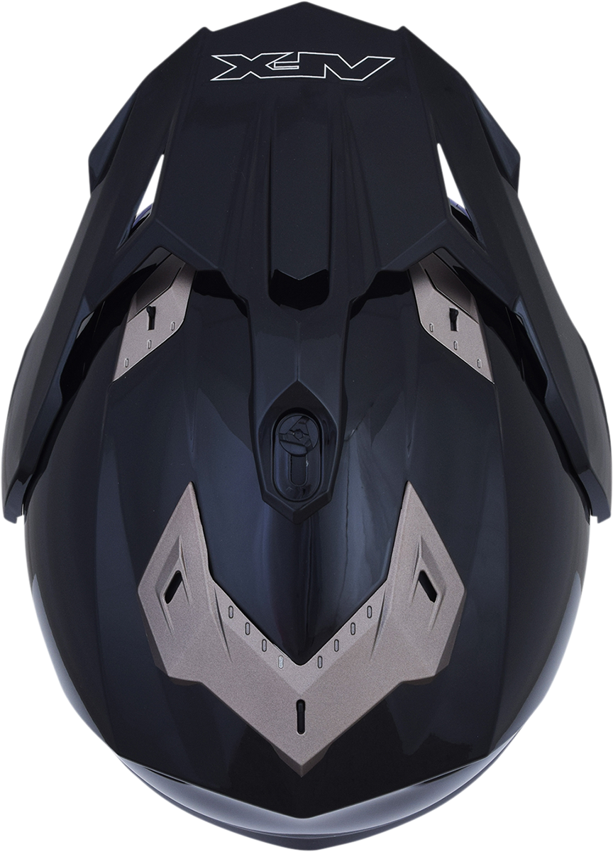 Gloss black AFX FX-39DS Peak helmet with screws, featuring a sleek design and durable construction for motorcycle protection.