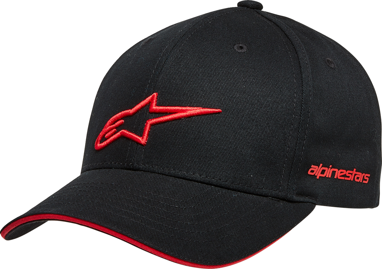 Alpinestars Rostrum Hat in black and red, a protective gear accessory with a stylish design and branding details.