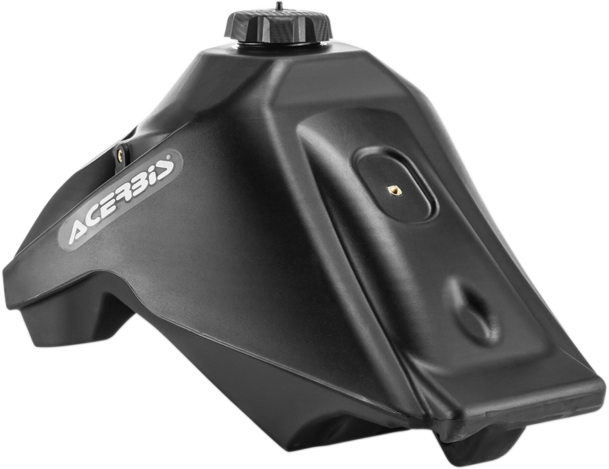 A black Acerbis gas tank for Honda motorcycles, 3.1 gallons capacity, with a sleek body design and brand markings visible.