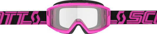 Scott Primal Goggles in pink and black with clear lenses, designed for motorcycle or motocross riding.