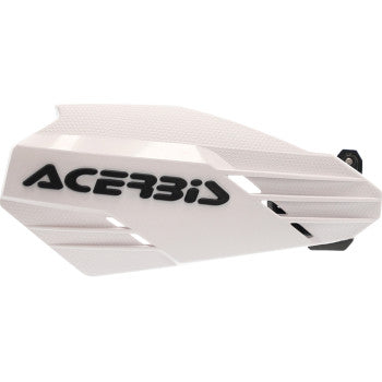 Acerbis K-Linear handguards in white and black with mounting hardware, designed for motorcycle protection and style.