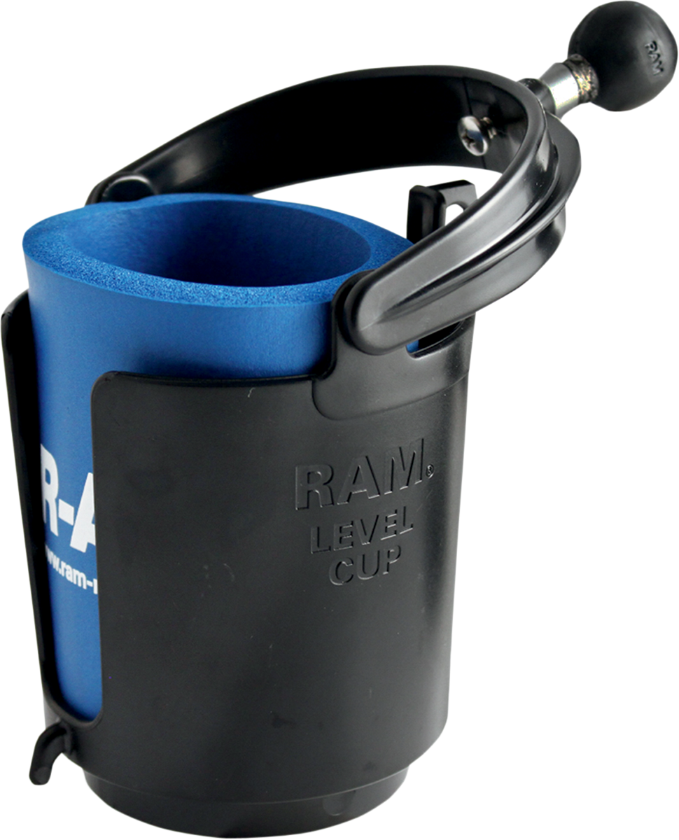 RAM MOUNTS Cup Holder ball mount attached to vehicle engine, designed for secure beverage placement by Bill's Exhausts.