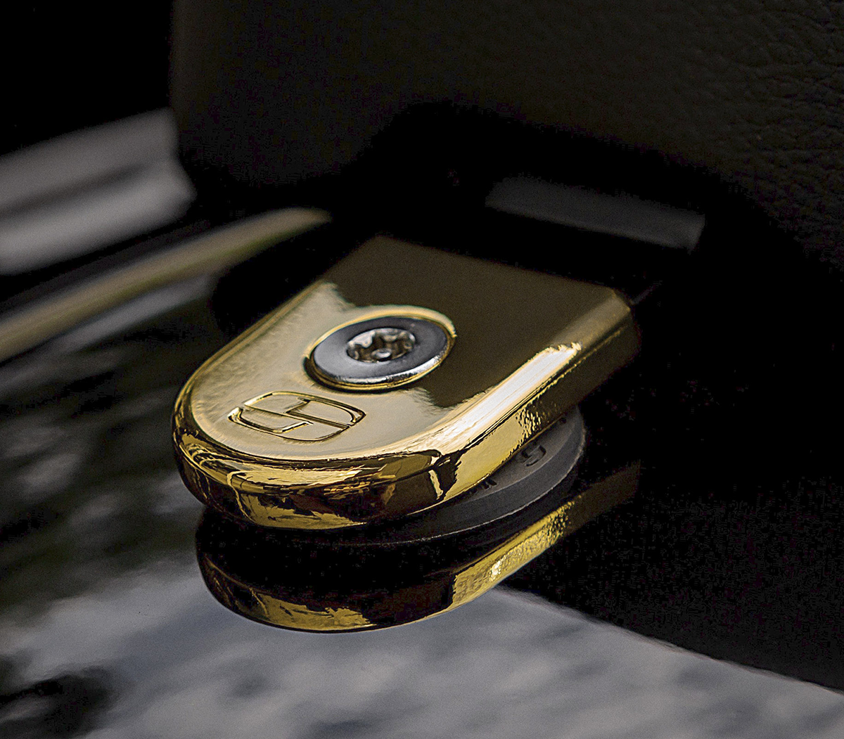 Golden Saddlemens Security Seat Screw for motorcycle seats, designed for secure attachment and durability.