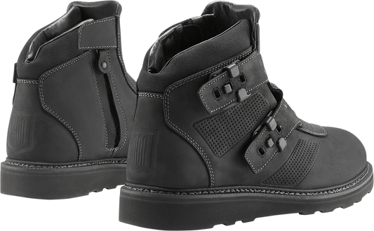 Black ICON El Bajo2 boots by Bill's Exhausts in US 8.5, featuring sleek leather design and sturdy sole for stylish footwear.