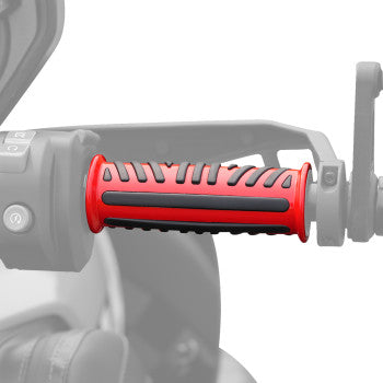 Show Chrome Combat Grips for Ryker in red, featuring textured rubber and chrome accents, designed for motorcycle handlebar comfort.