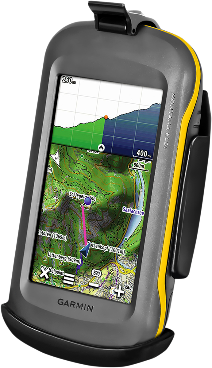 RAM Mounts Garmin Montana device cradle for engine mounting, compatible with Bill's Exhausts installation, shown in image.