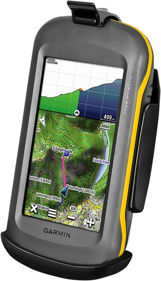 RAM Mounts Garmin Montana device cradle for engine mounting, compatible with Bill's Exhausts installation, shown in image.