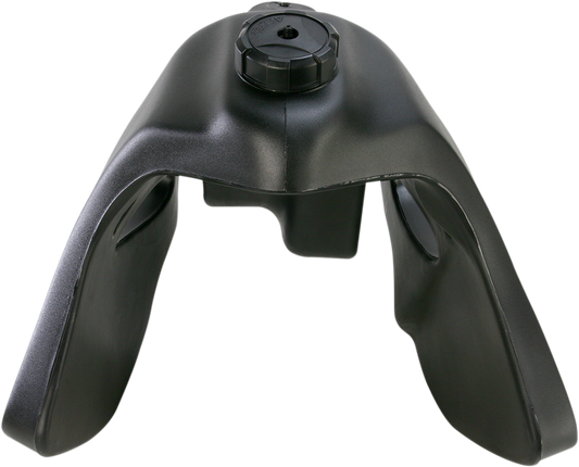 A black Acerbis gas tank for Kawasaki motorcycles, 3.7 gallons capacity, shown from the side with mounting points visible.