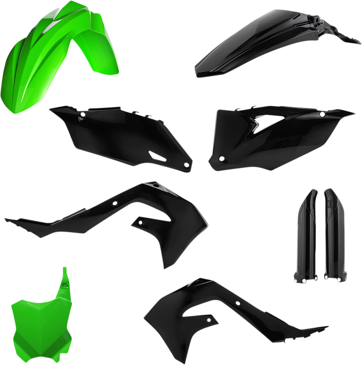 A green and black ACERBIS full replacement motorcycle body kit, showcasing the assembled body panels on a motorcycle.